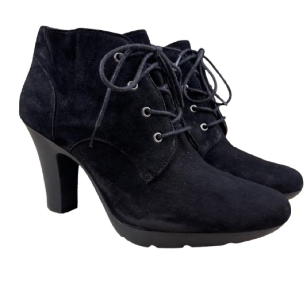 Bandolino BDGarett Black Suede Lace-Up Ankle Boots 4” Block Heel Women’s 9M